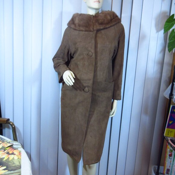 Vintage Shillito's Suede Leather Jacket 8 Long Trench Coat Fur Collar Dark Brown - Picture 2 of 16